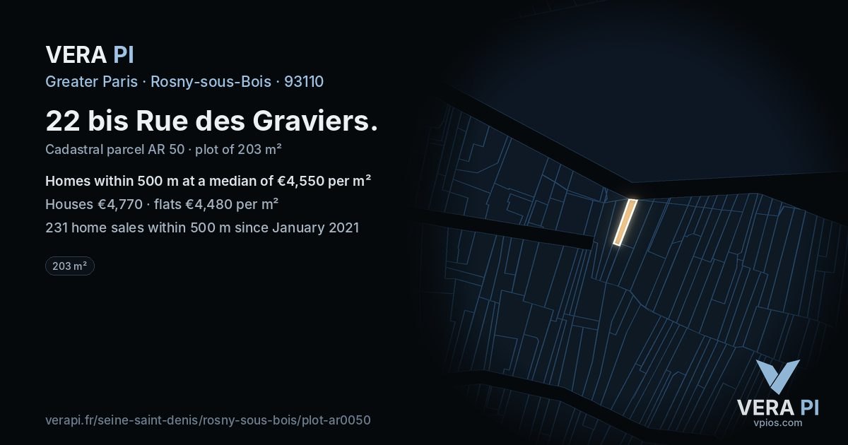 22 bis Rue des Graviers, Rosny-sous-Bois at night – the plot lit, the parcels around coloured by the prices near them