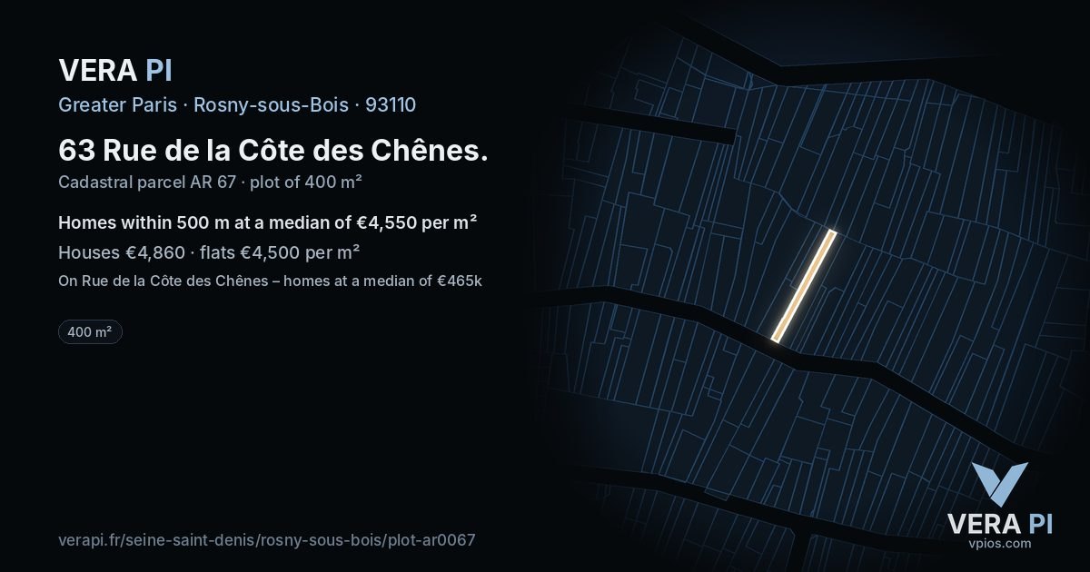 63 Rue de la Côte des Chênes, Rosny-sous-Bois at night – the plot lit, the parcels around coloured by the prices near them