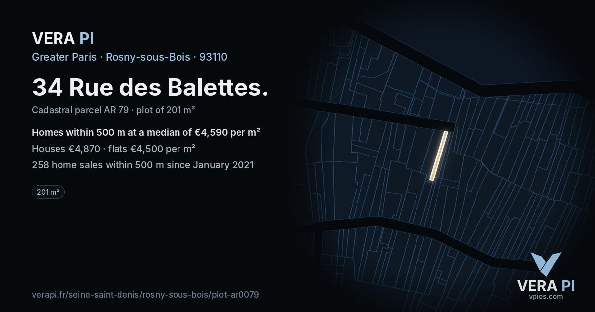 34 Rue des Balettes, Rosny-sous-Bois at night – the plot lit, the parcels around coloured by the prices near them
