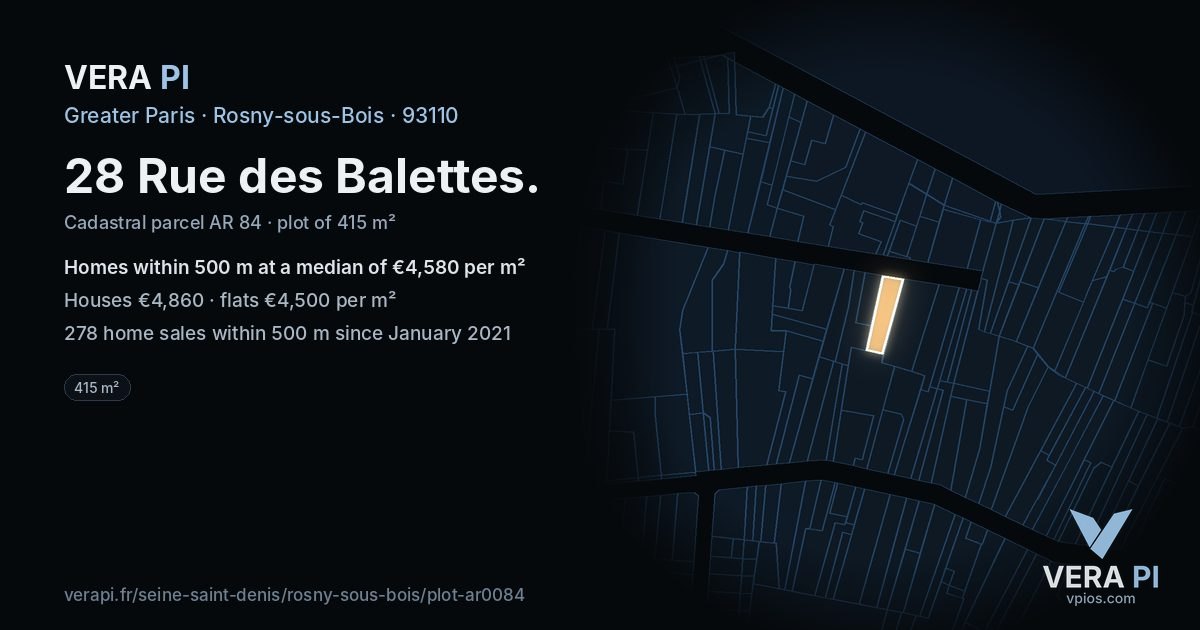 28 Rue des Balettes, Rosny-sous-Bois at night – the plot lit, the parcels around coloured by the prices near them