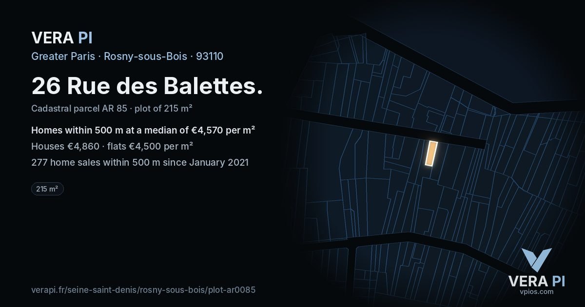 26 Rue des Balettes, Rosny-sous-Bois at night – the plot lit, the parcels around coloured by the prices near them