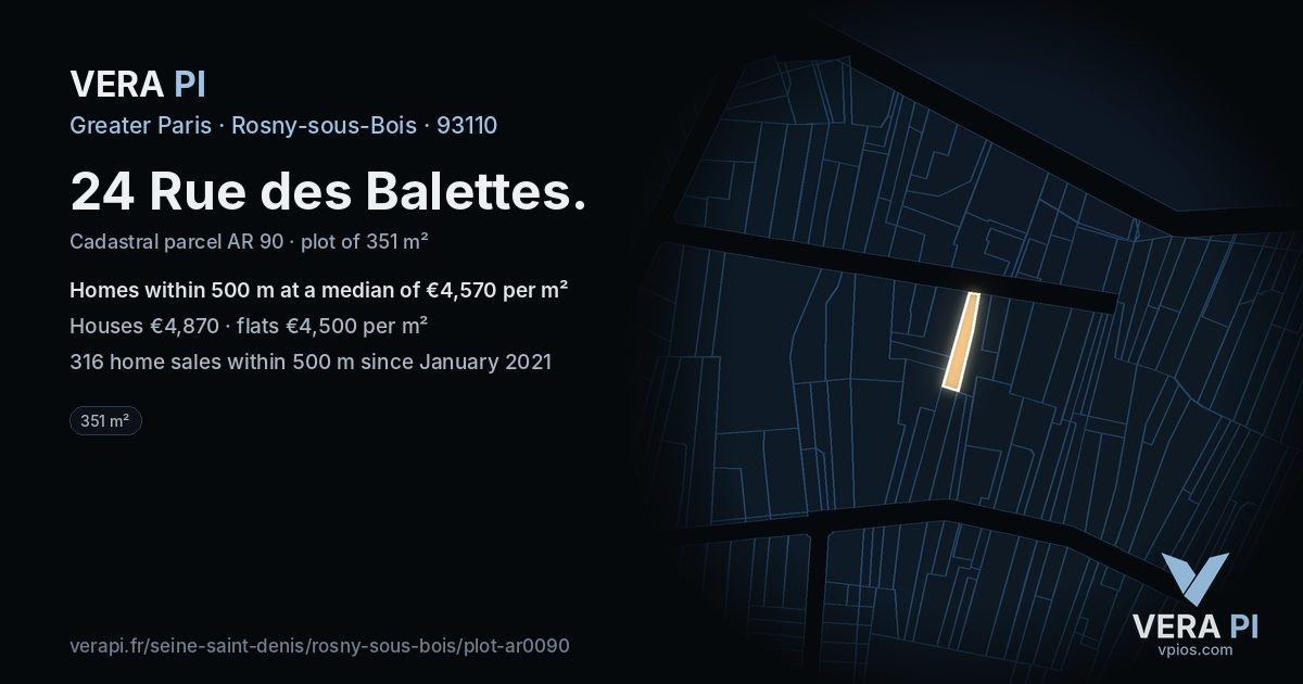 24 Rue des Balettes, Rosny-sous-Bois at night – the plot lit, the parcels around coloured by the prices near them