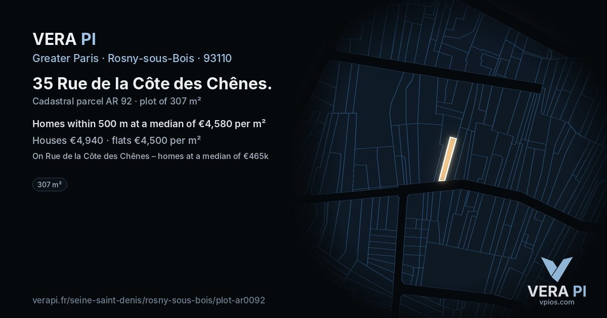 35 Rue de la Côte des Chênes, Rosny-sous-Bois at night – the plot lit, the parcels around coloured by the prices near them