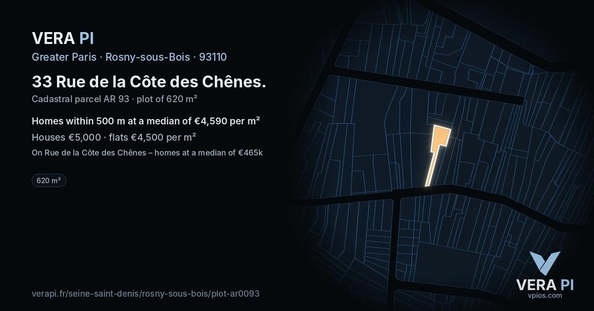 33 Rue de la Côte des Chênes, Rosny-sous-Bois at night – the plot lit, the parcels around coloured by the prices near them