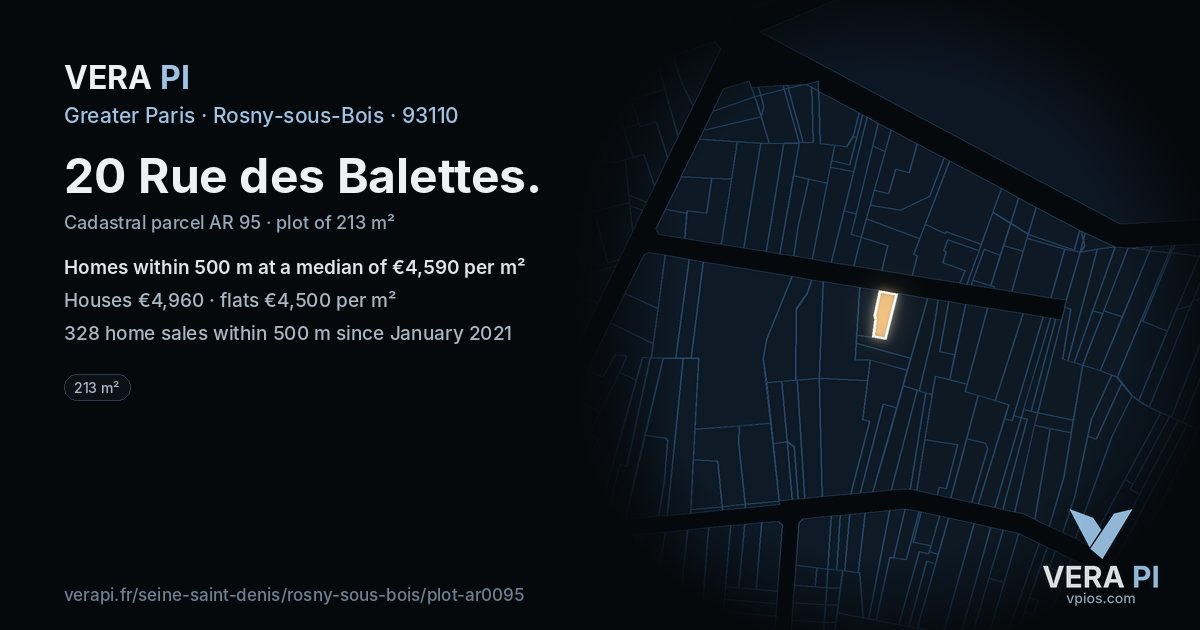 20 Rue des Balettes, Rosny-sous-Bois at night – the plot lit, the parcels around coloured by the prices near them