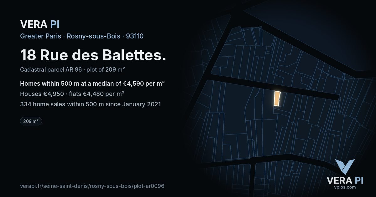 18 Rue des Balettes, Rosny-sous-Bois at night – the plot lit, the parcels around coloured by the prices near them