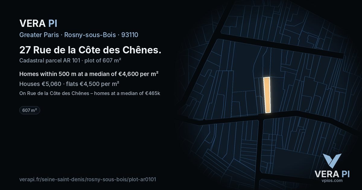 27 Rue de la Côte des Chênes, Rosny-sous-Bois at night – the plot lit, the parcels around coloured by the prices near them