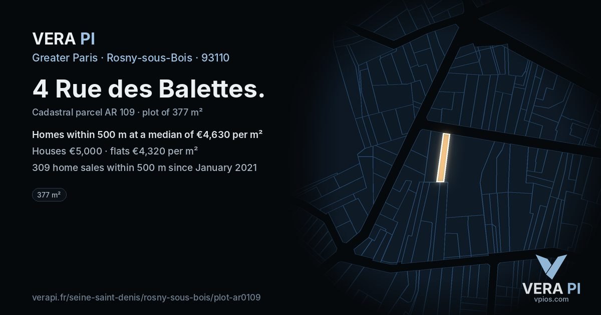 4 Rue des Balettes, Rosny-sous-Bois at night – the plot lit, the parcels around coloured by the prices near them