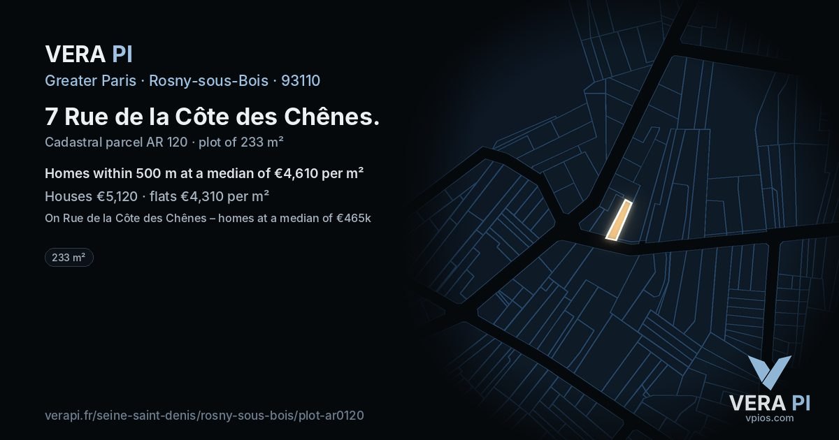 7 Rue de la Côte des Chênes, Rosny-sous-Bois at night – the plot lit, the parcels around coloured by the prices near them