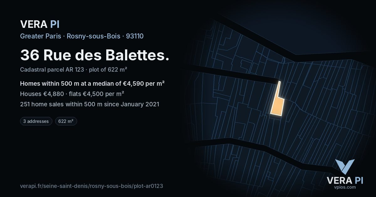 36 Rue des Balettes, Rosny-sous-Bois at night – the plot lit, the parcels around coloured by the prices near them