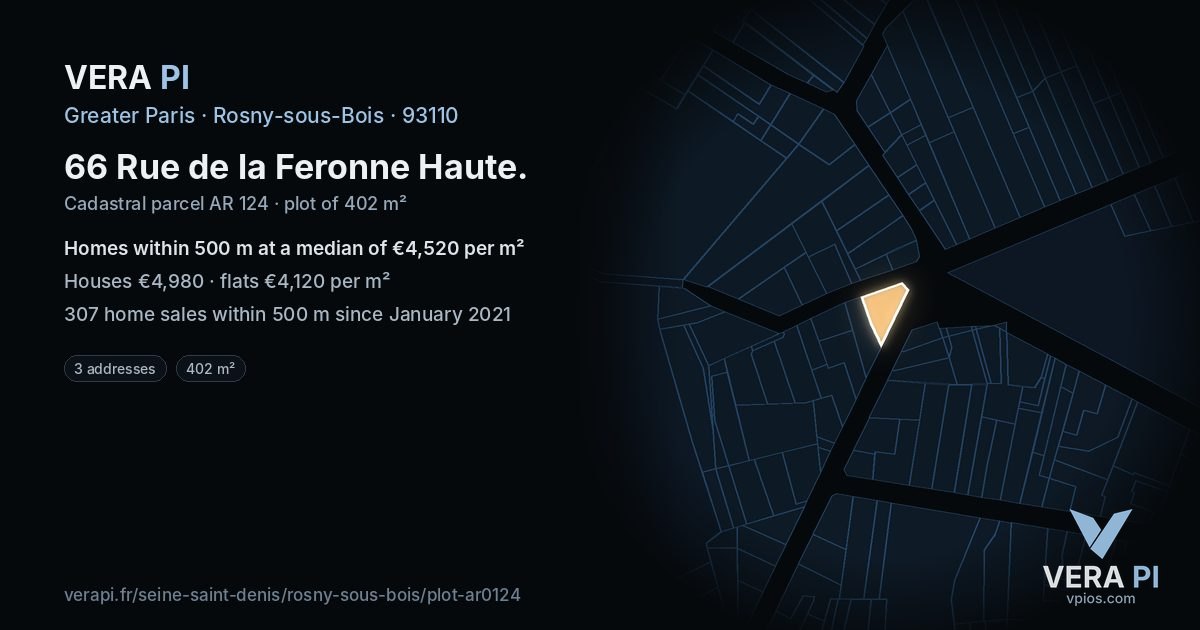 66 Rue de la Feronne Haute, Rosny-sous-Bois at night – the plot lit, the parcels around coloured by the prices near them
