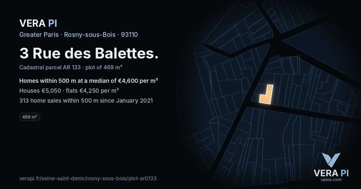 3 Rue des Balettes, Rosny-sous-Bois at night – the plot lit, the parcels around coloured by the prices near them