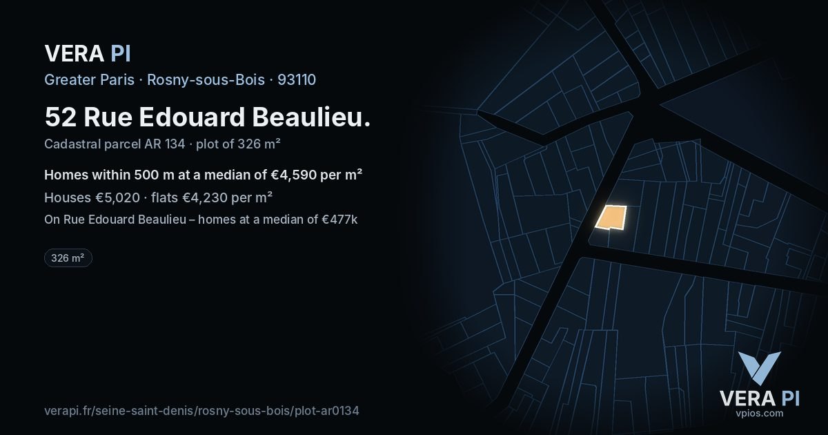 52 Rue Edouard Beaulieu, Rosny-sous-Bois at night – the plot lit, the parcels around coloured by the prices near them