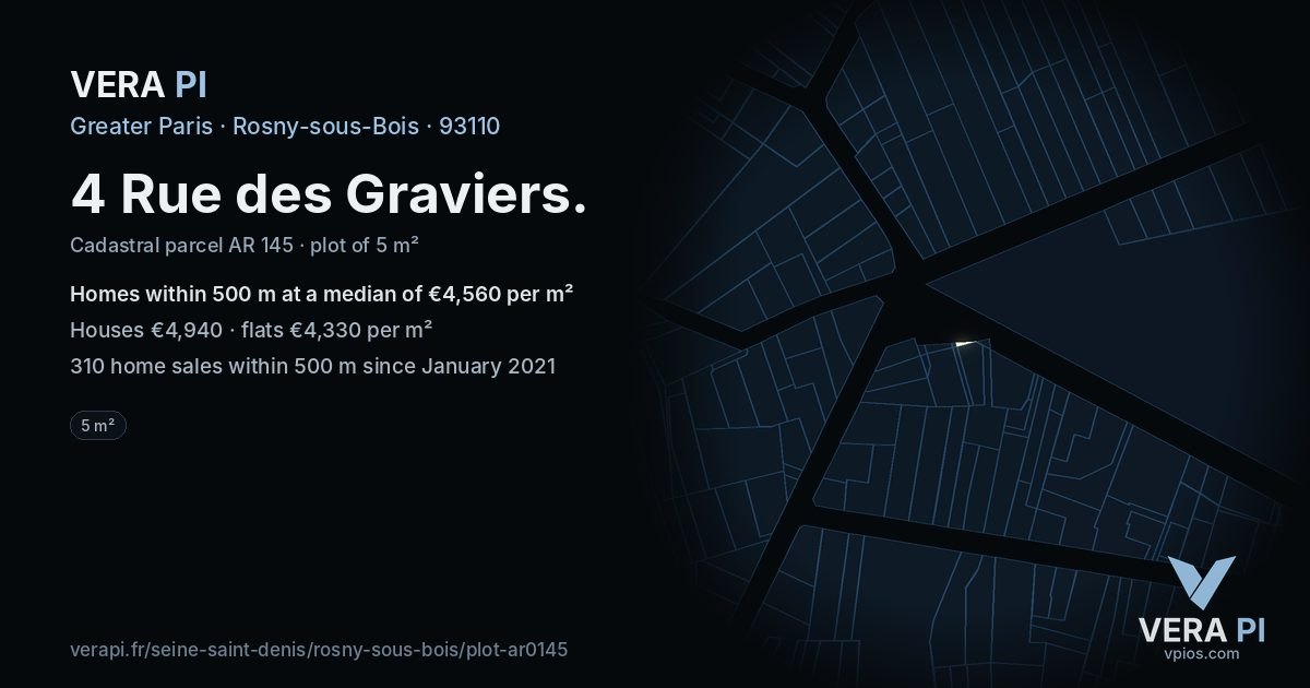 4 Rue des Graviers, Rosny-sous-Bois at night – the plot lit, the parcels around coloured by the prices near them