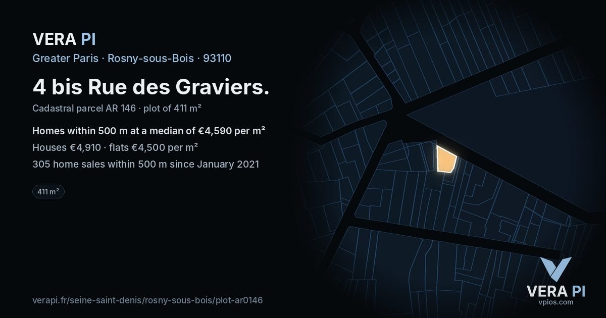 4 bis Rue des Graviers, Rosny-sous-Bois at night – the plot lit, the parcels around coloured by the prices near them