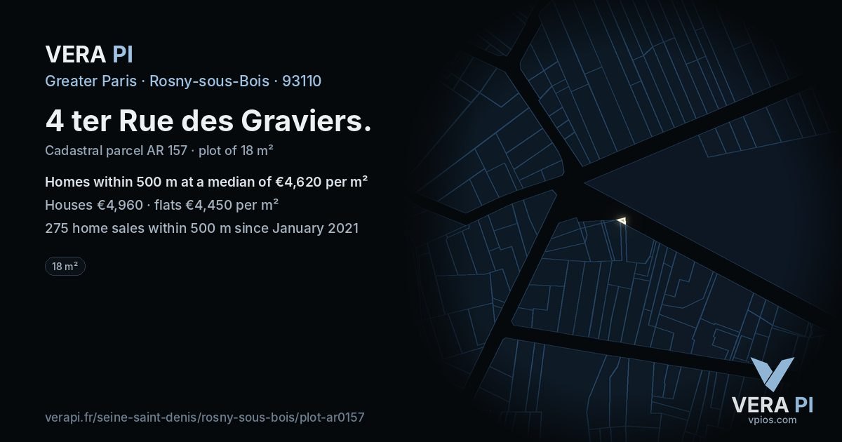 4 ter Rue des Graviers, Rosny-sous-Bois at night – the plot lit, the parcels around coloured by the prices near them