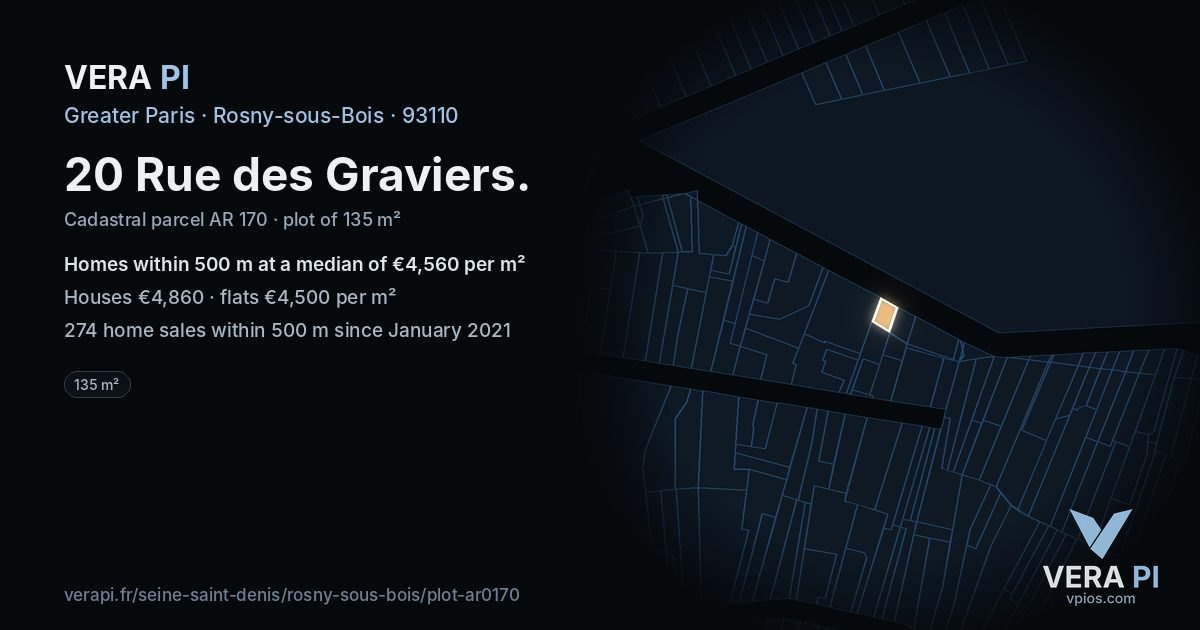 20 Rue des Graviers, Rosny-sous-Bois at night – the plot lit, the parcels around coloured by the prices near them
