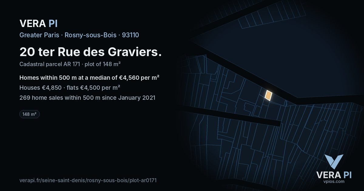 20 ter Rue des Graviers, Rosny-sous-Bois at night – the plot lit, the parcels around coloured by the prices near them