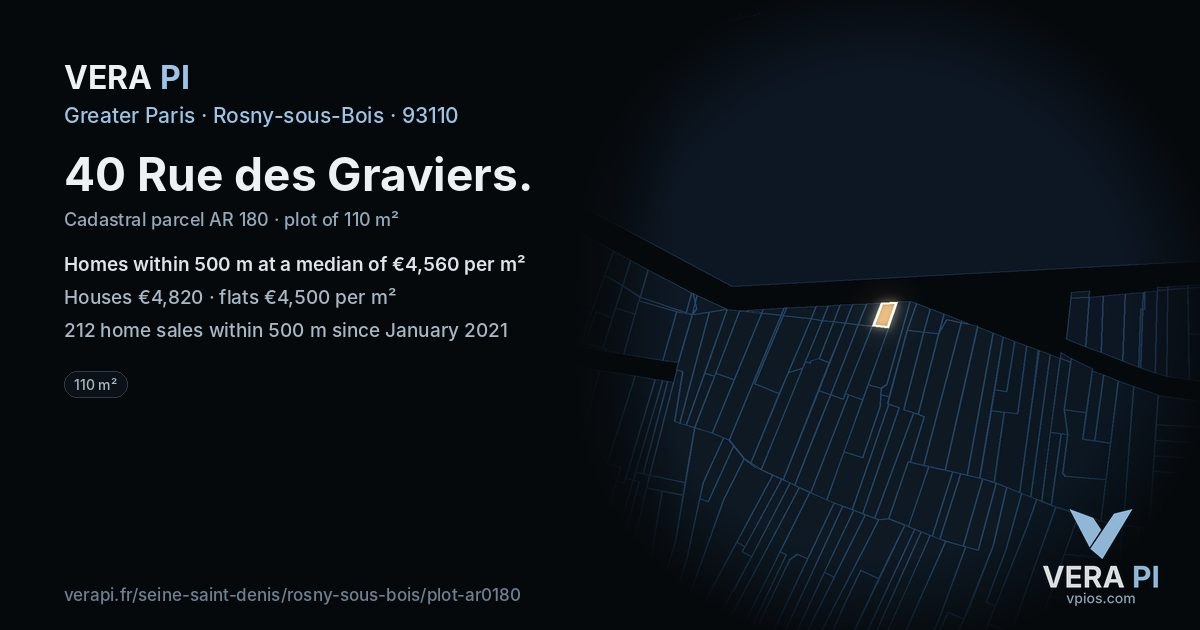 40 Rue des Graviers, Rosny-sous-Bois at night – the plot lit, the parcels around coloured by the prices near them