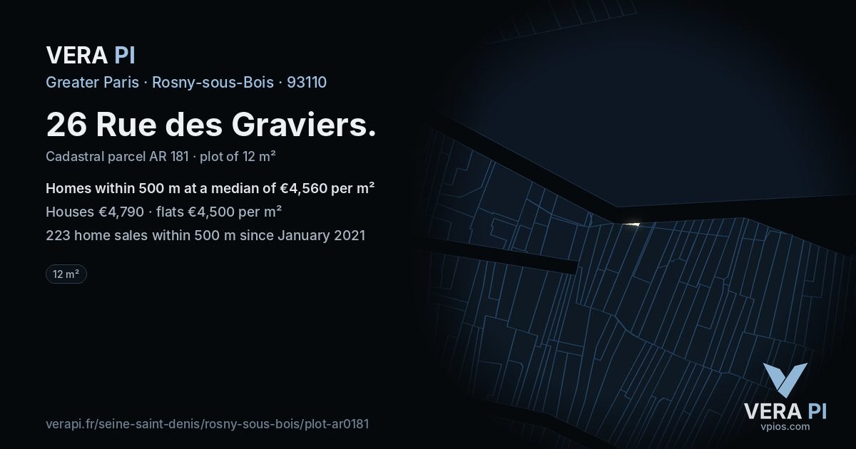26 Rue des Graviers, Rosny-sous-Bois at night – the plot lit, the parcels around coloured by the prices near them