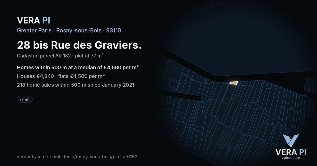 28 bis Rue des Graviers, Rosny-sous-Bois at night – the plot lit, the parcels around coloured by the prices near them