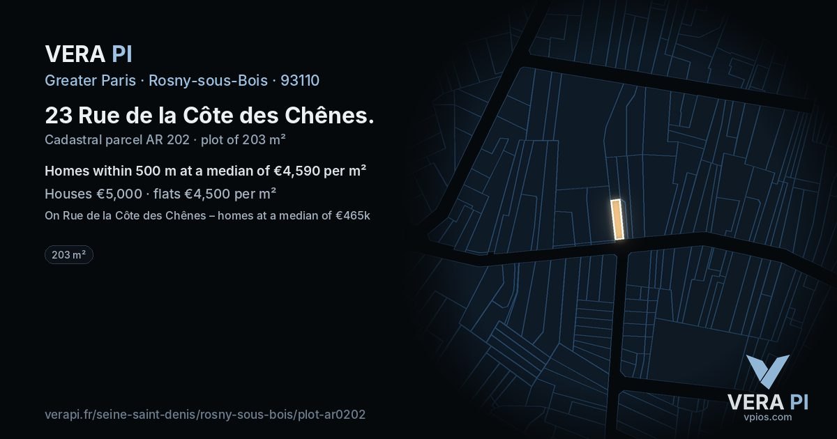 23 Rue de la Côte des Chênes, Rosny-sous-Bois at night – the plot lit, the parcels around coloured by the prices near them