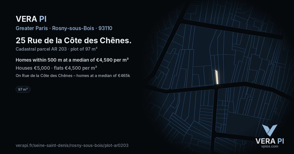 25 Rue de la Côte des Chênes, Rosny-sous-Bois at night – the plot lit, the parcels around coloured by the prices near them