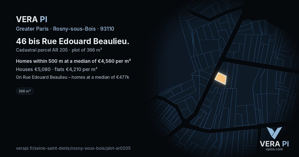 46 bis Rue Edouard Beaulieu, Rosny-sous-Bois at night – the plot lit, the parcels around coloured by the prices near them