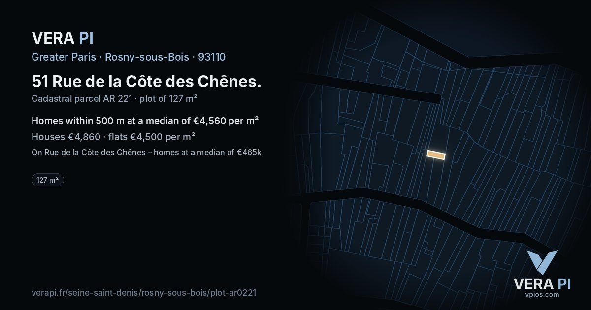 51 Rue de la Côte des Chênes, Rosny-sous-Bois at night – the plot lit, the parcels around coloured by the prices near them