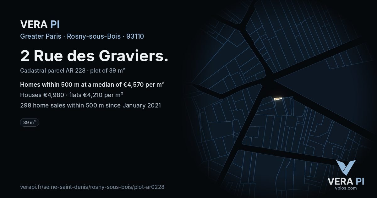 2 Rue des Graviers, Rosny-sous-Bois at night – the plot lit, the parcels around coloured by the prices near them
