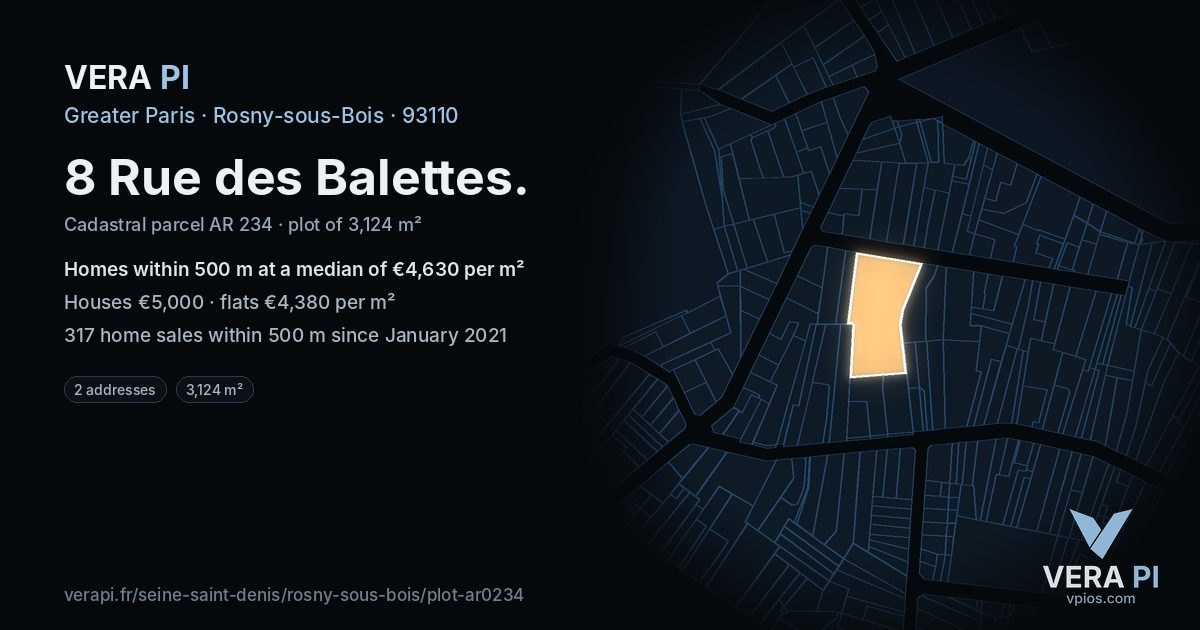 8 Rue des Balettes, Rosny-sous-Bois at night – the plot lit, the parcels around coloured by the prices near them