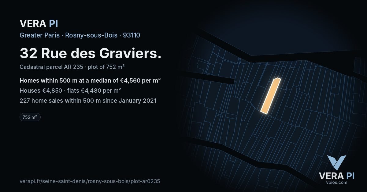 32 Rue des Graviers, Rosny-sous-Bois at night – the plot lit, the parcels around coloured by the prices near them