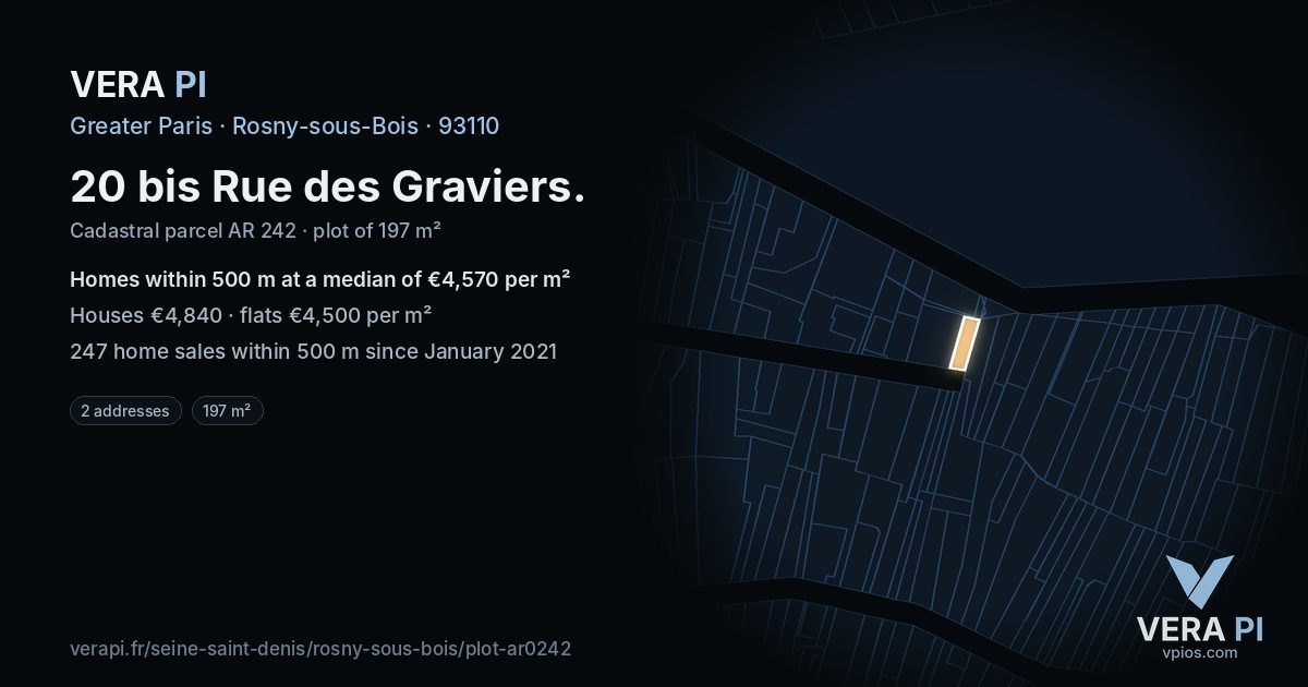 20 bis Rue des Graviers, Rosny-sous-Bois at night – the plot lit, the parcels around coloured by the prices near them
