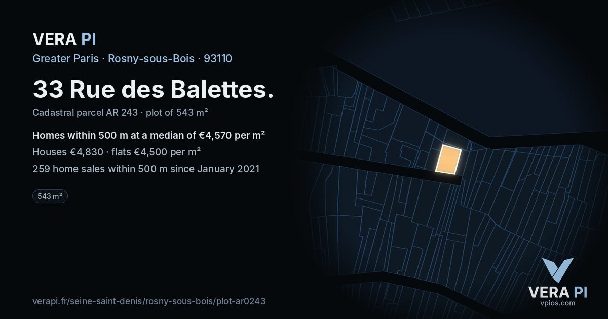 33 Rue des Balettes, Rosny-sous-Bois at night – the plot lit, the parcels around coloured by the prices near them
