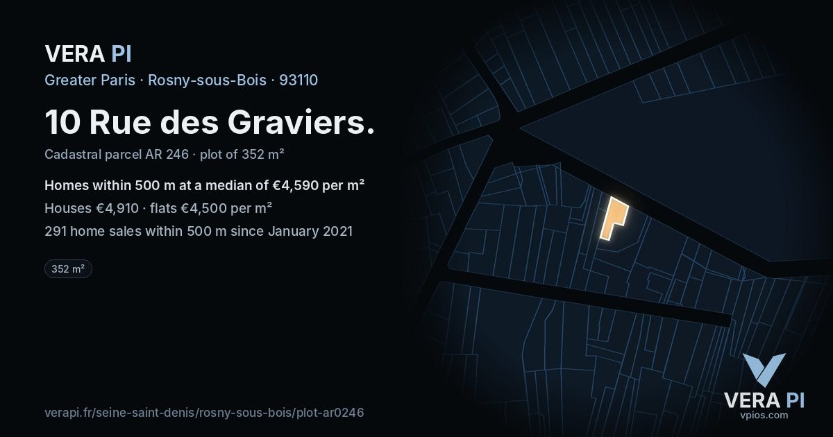 10 Rue des Graviers, Rosny-sous-Bois at night – the plot lit, the parcels around coloured by the prices near them
