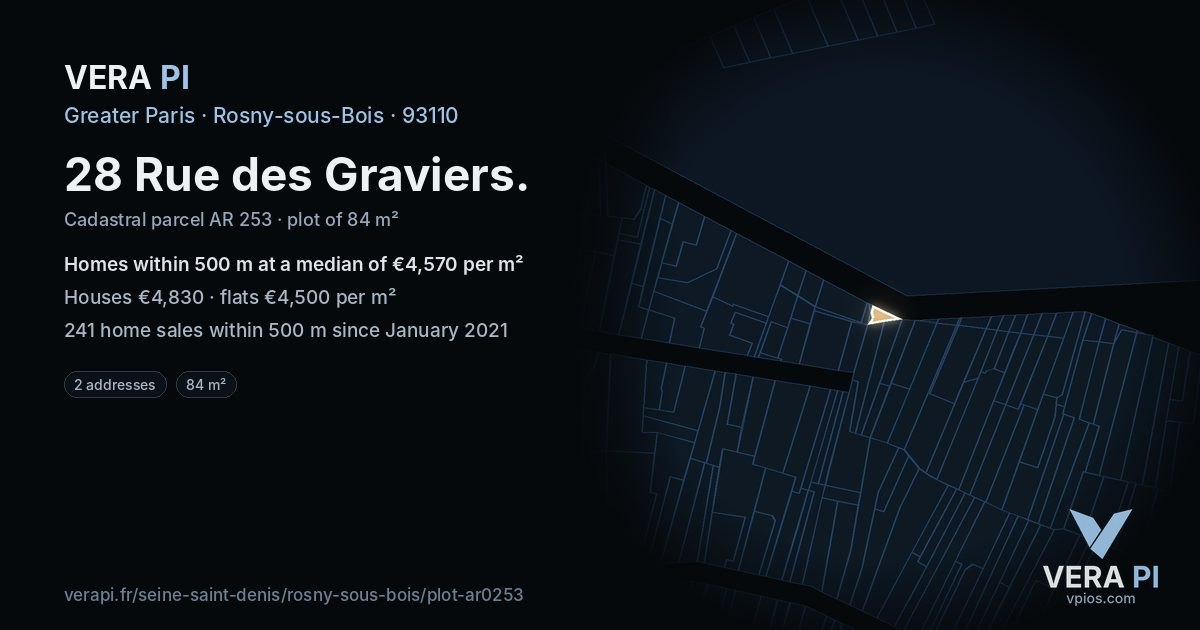 28 Rue des Graviers, Rosny-sous-Bois at night – the plot lit, the parcels around coloured by the prices near them