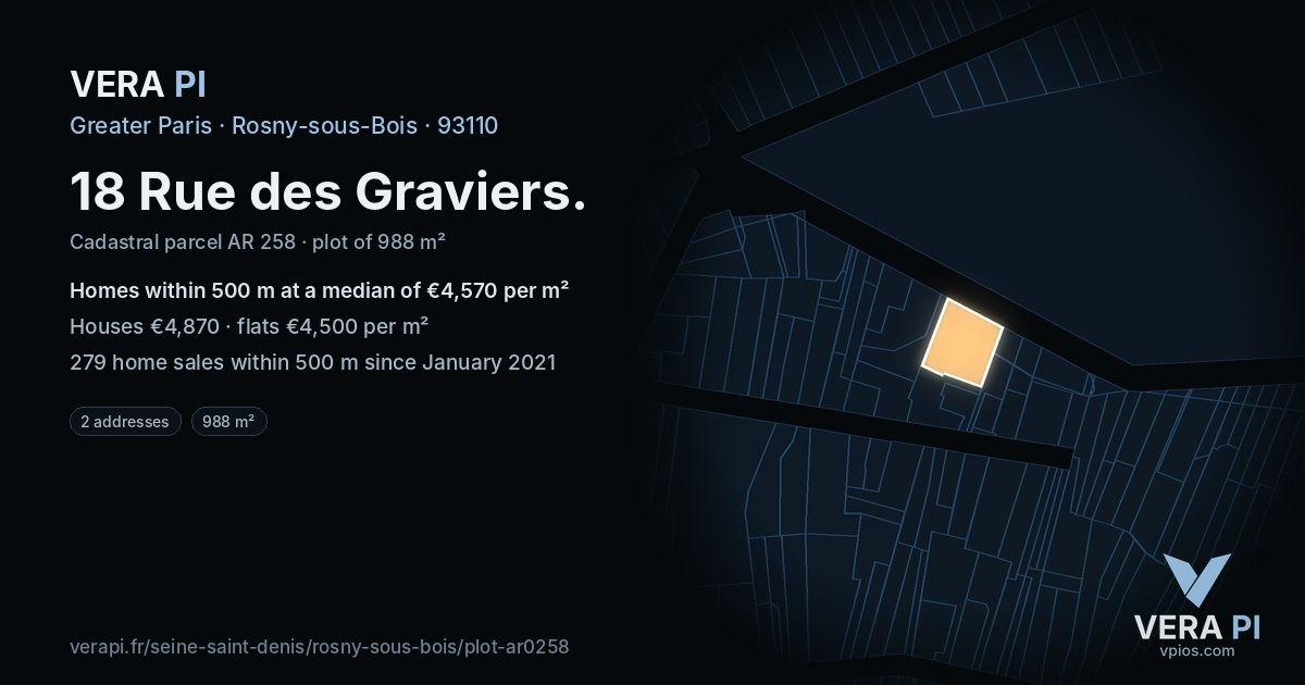 18 Rue des Graviers, Rosny-sous-Bois at night – the plot lit, the parcels around coloured by the prices near them