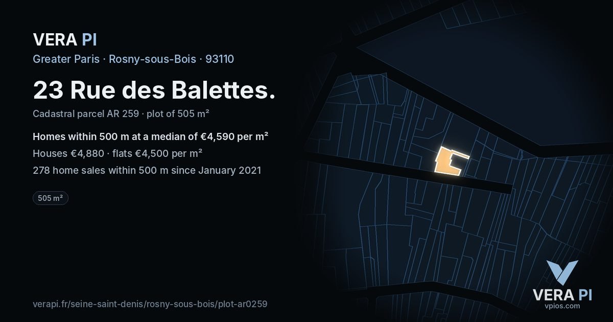 23 Rue des Balettes, Rosny-sous-Bois at night – the plot lit, the parcels around coloured by the prices near them
