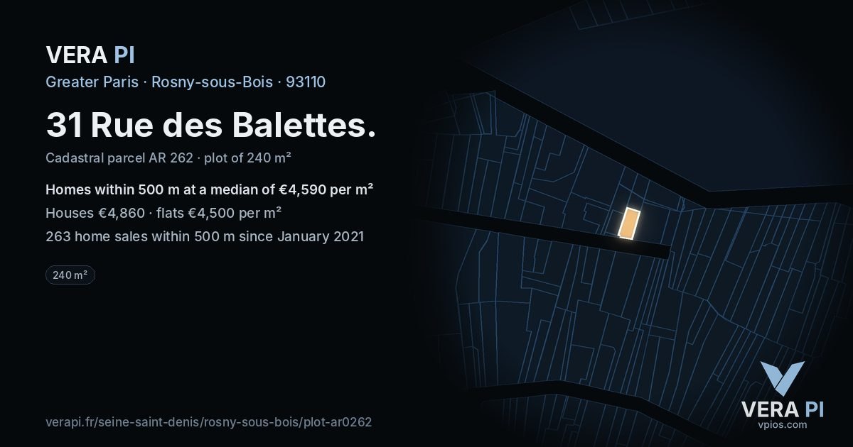 31 Rue des Balettes, Rosny-sous-Bois at night – the plot lit, the parcels around coloured by the prices near them