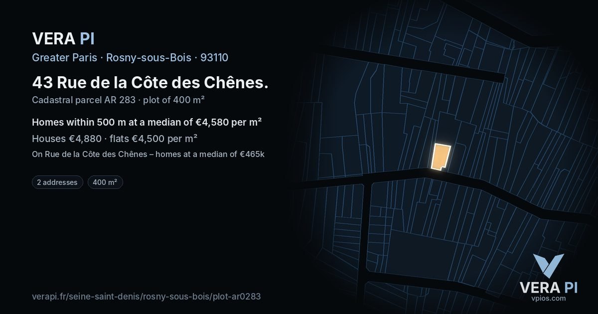 43 Rue de la Côte des Chênes, Rosny-sous-Bois at night – the plot lit, the parcels around coloured by the prices near them