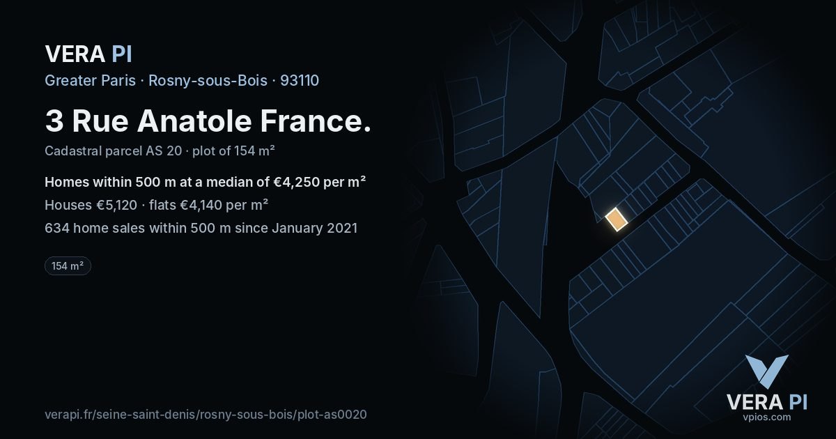 3 Rue Anatole France, Rosny-sous-Bois at night – the plot lit, the parcels around coloured by the prices near them