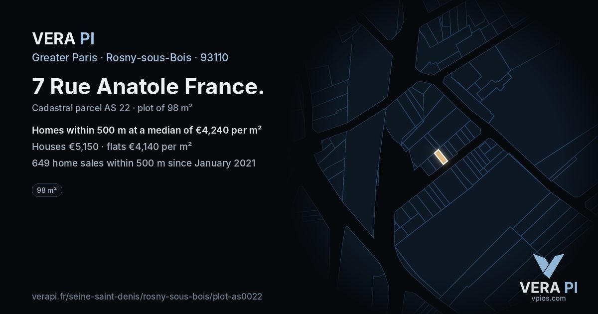 7 Rue Anatole France, Rosny-sous-Bois at night – the plot lit, the parcels around coloured by the prices near them