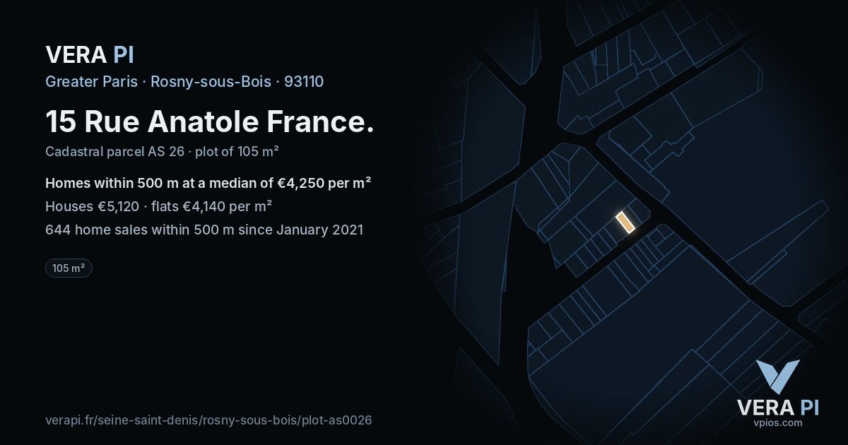 15 Rue Anatole France, Rosny-sous-Bois at night – the plot lit, the parcels around coloured by the prices near them