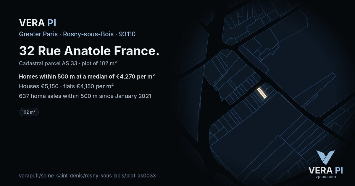 32 Rue Anatole France, Rosny-sous-Bois at night – the plot lit, the parcels around coloured by the prices near them
