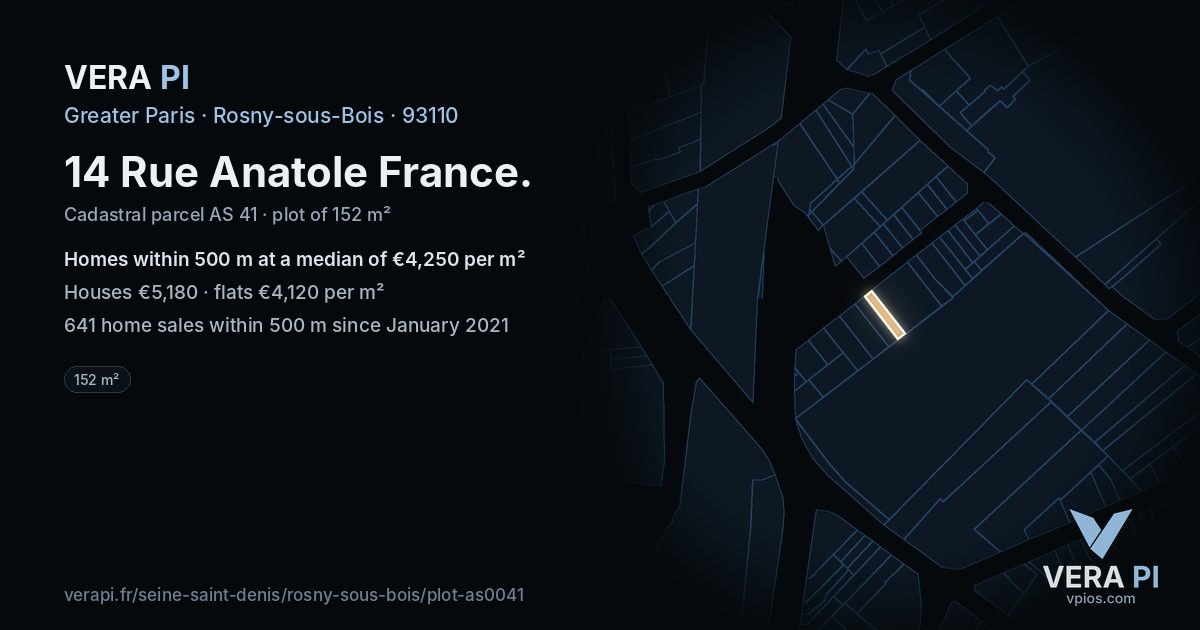 14 Rue Anatole France, Rosny-sous-Bois at night – the plot lit, the parcels around coloured by the prices near them