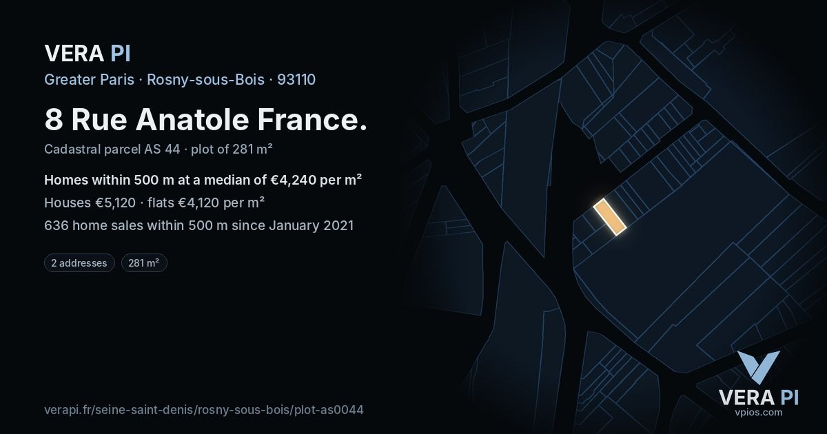 8 Rue Anatole France, Rosny-sous-Bois at night – the plot lit, the parcels around coloured by the prices near them