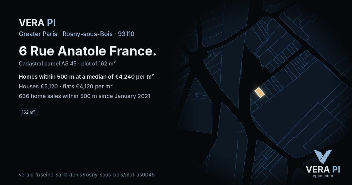 6 Rue Anatole France, Rosny-sous-Bois at night – the plot lit, the parcels around coloured by the prices near them