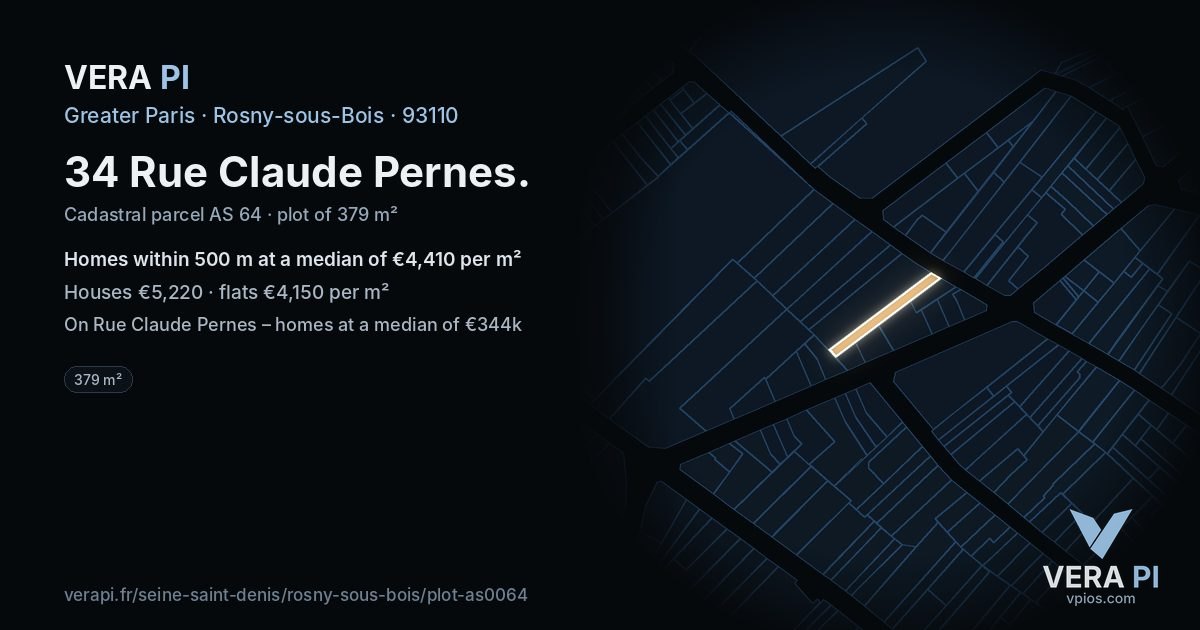 34 Rue Claude Pernes, Rosny-sous-Bois at night – the plot lit, the parcels around coloured by the prices near them
