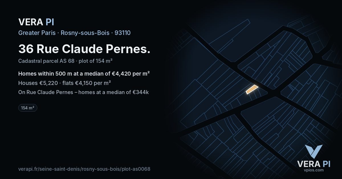 36 Rue Claude Pernes, Rosny-sous-Bois at night – the plot lit, the parcels around coloured by the prices near them