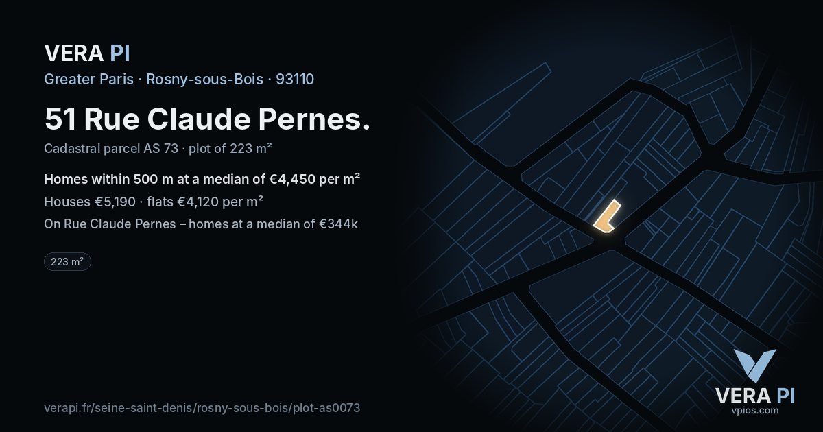 51 Rue Claude Pernes, Rosny-sous-Bois at night – the plot lit, the parcels around coloured by the prices near them